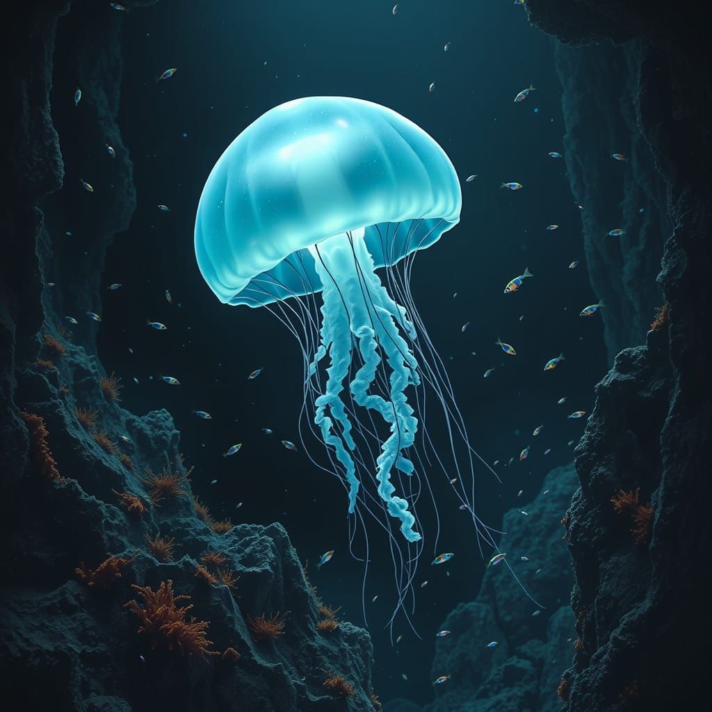 Glowing Deep-Sea Jellyfish Drifts Through Mystical Oceanic A...