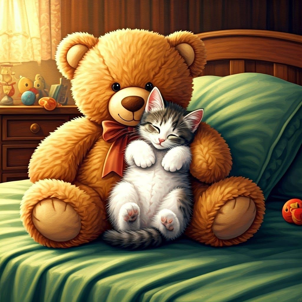 Whimsical Kitten and Teddy Bear Cuddle Scene in Cozy Bedroom