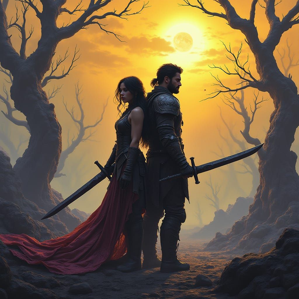 Fierce Warriors Flee Desolate Landscape in Cyberpunk Style