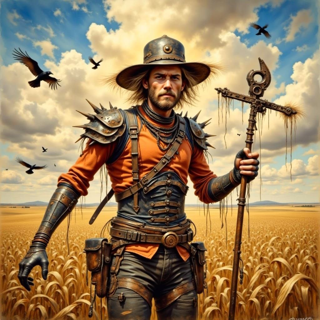 Steampunk Scarecrow in Sunny Wheat Field, as Watercolor