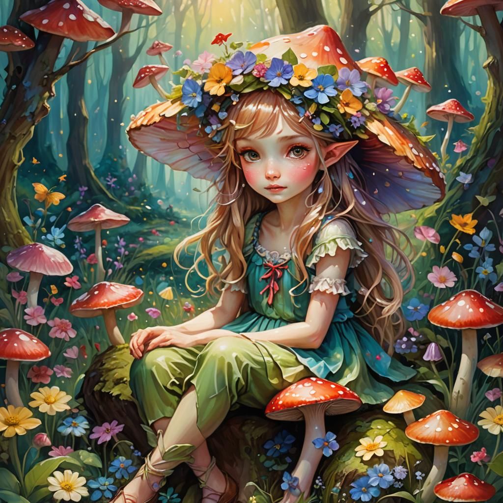 Delicate Spring Fae in Whimsical Forest: Oil Painting