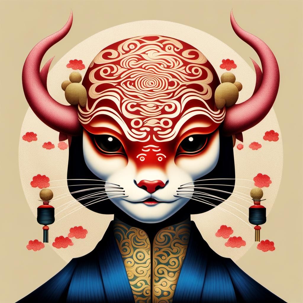 minimalist Japanese graphic design, kabuki catfish portrait,...