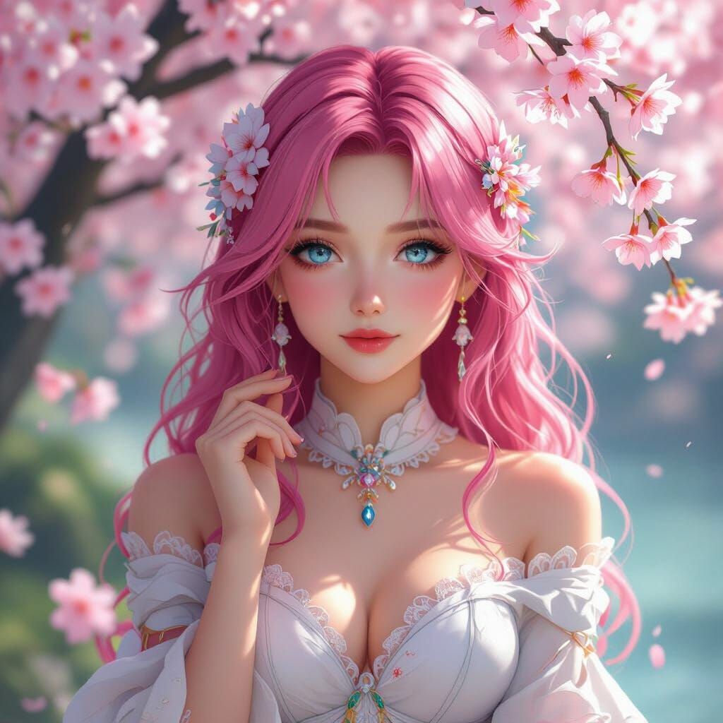 Anime Woman in Cherry Blossom Garden