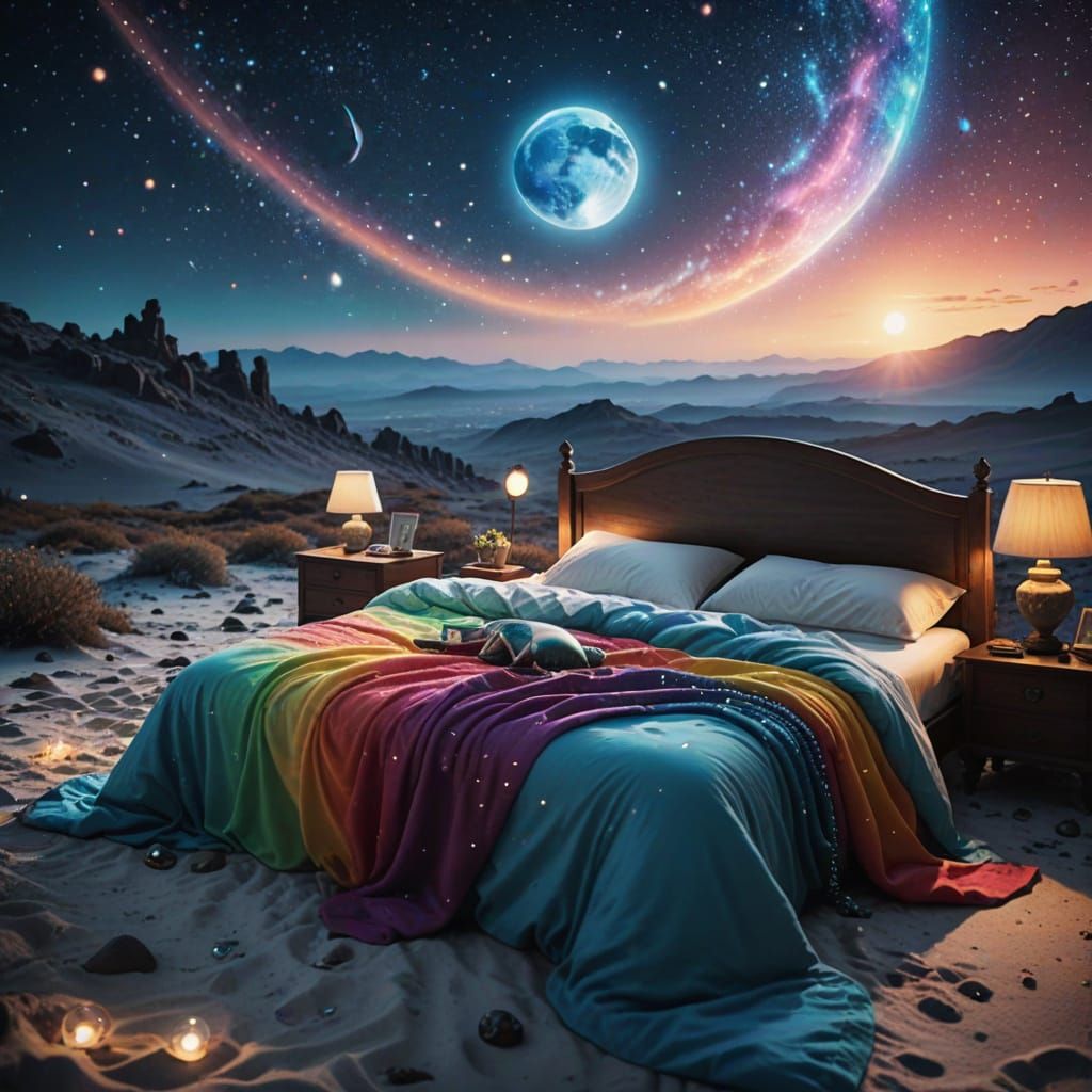 Surreal Moonscape: Bed in Ethereal Starlight