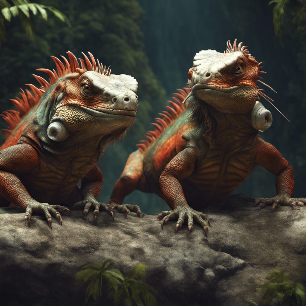 Three-Headed Iguana in Detailed Matte Painting