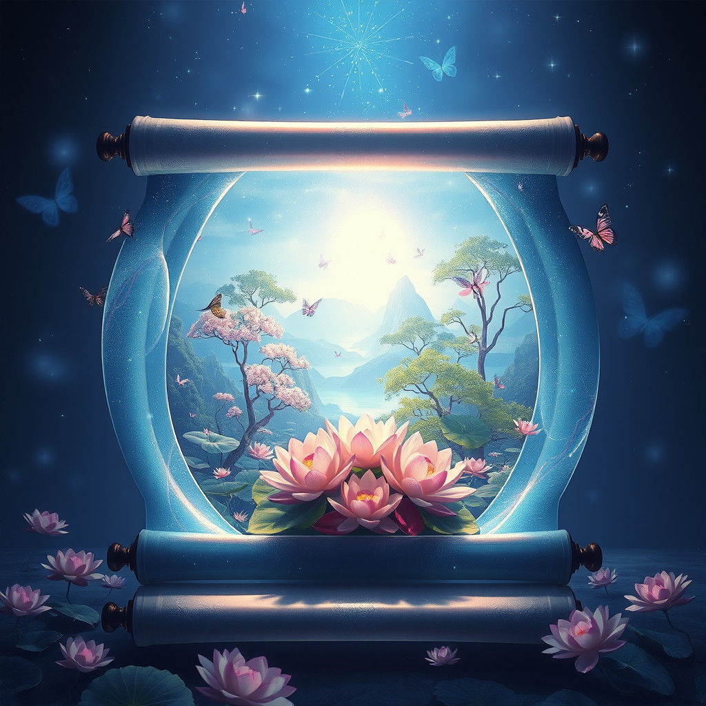 unrolled glass transparent scroll, inside the glass are lotus flowers,