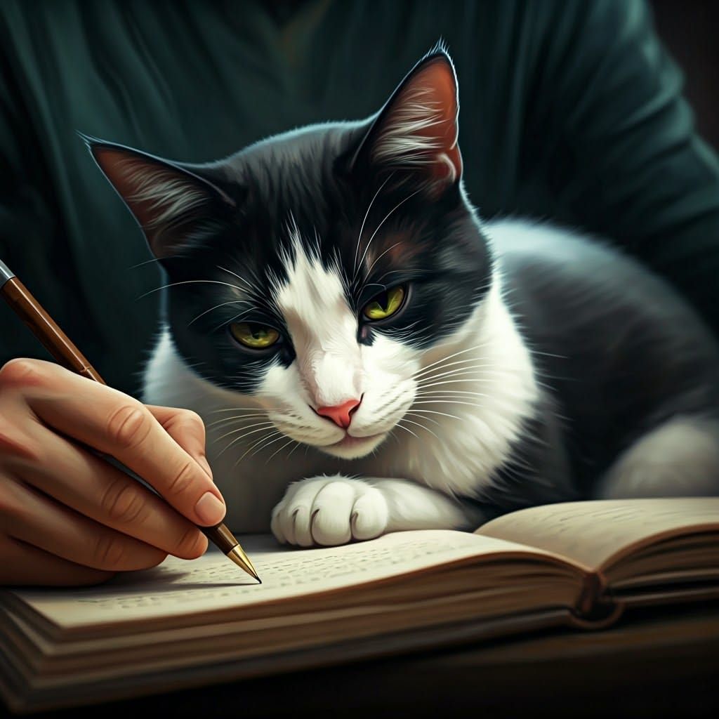 Wholesome Portrait of Writer with Heterochromatic Cat