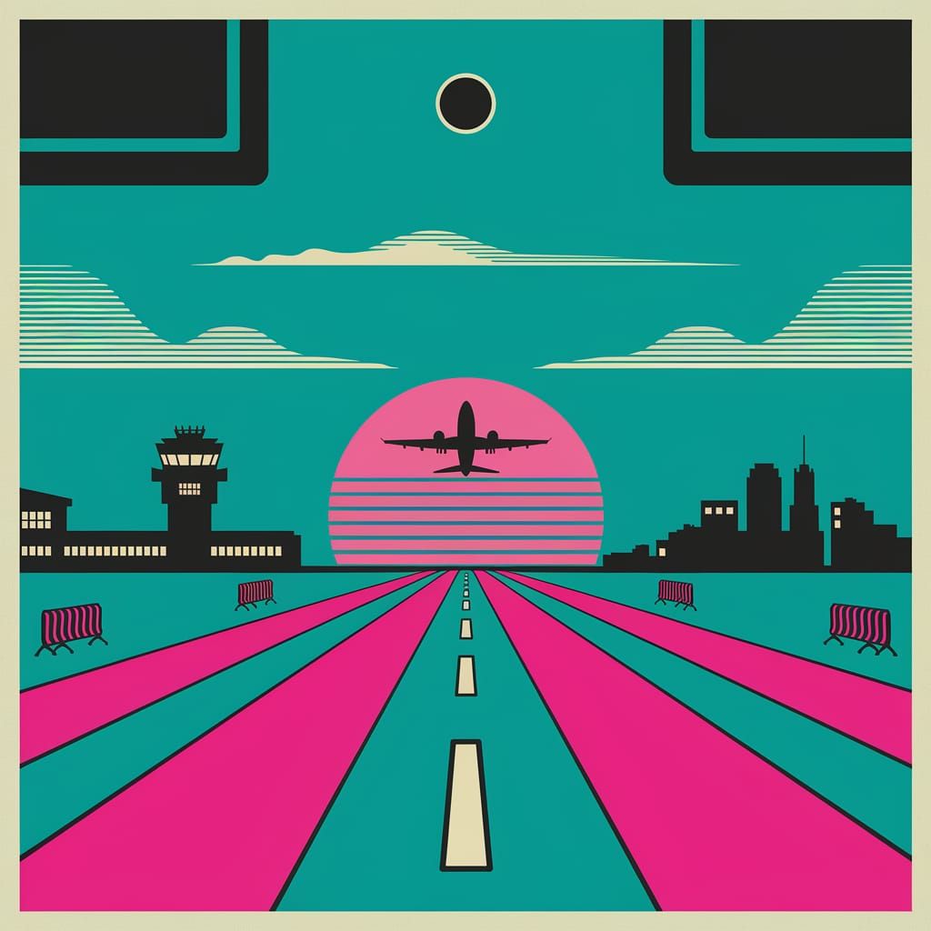 Vibrant Retro Airport Runway Scene with Ascending Airplane