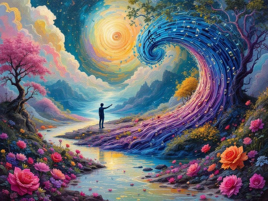 Surreal Musical Landscape with Soundwave Figure