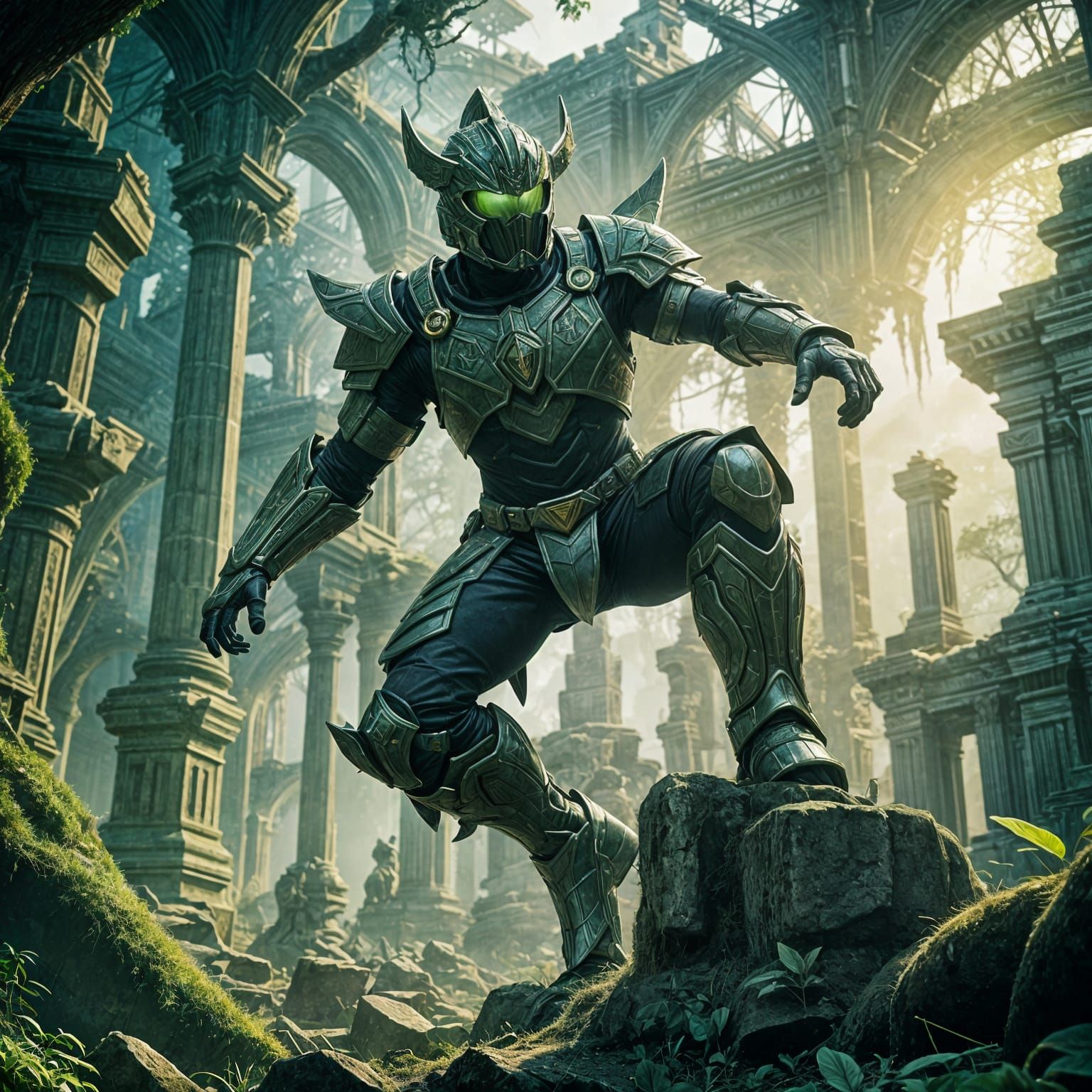 Godlike Warrior in Ancient Temple Ruins