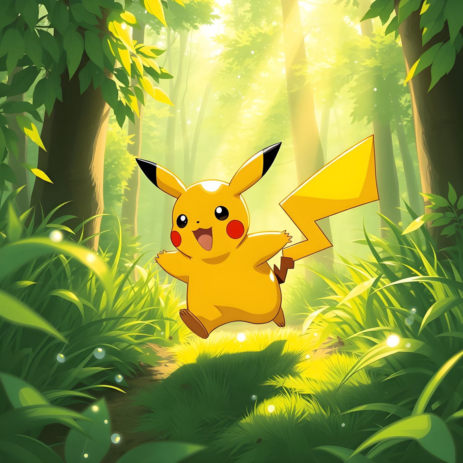 Pikachu Running Through Lush Forest at Dawn