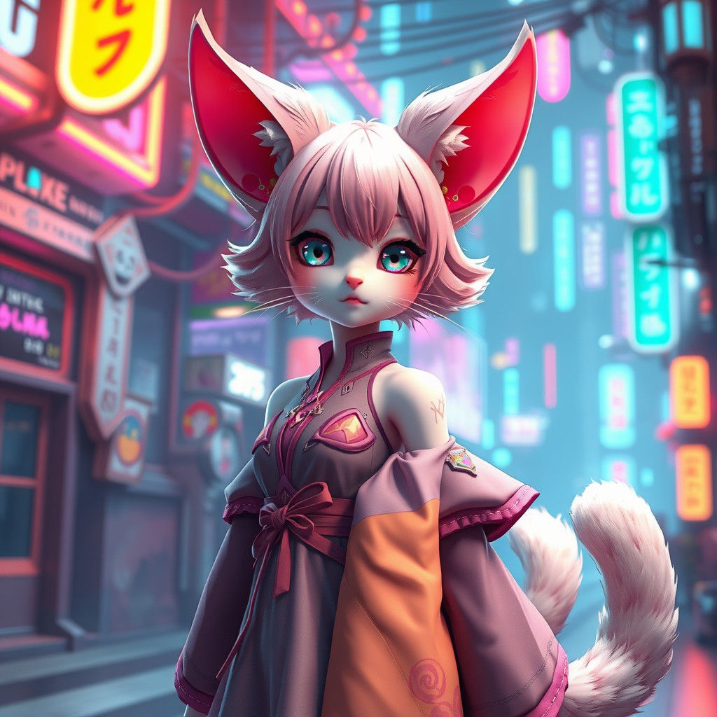 Anime Catgirl in Dreamlike Cyberpunk Cityscape