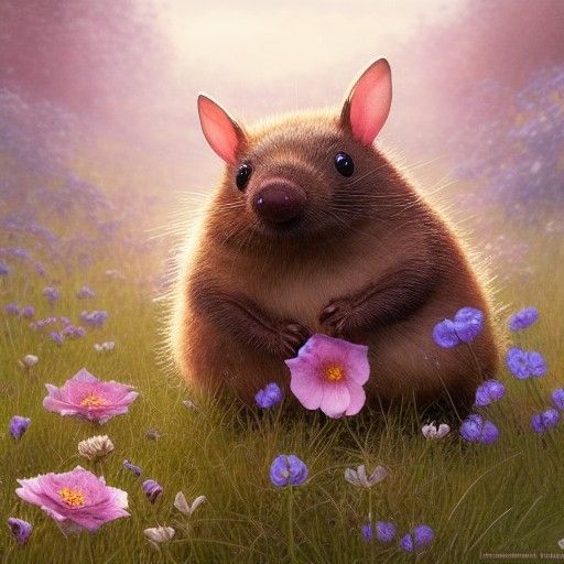 Baby Mole in Flower Meadow, Digital Art