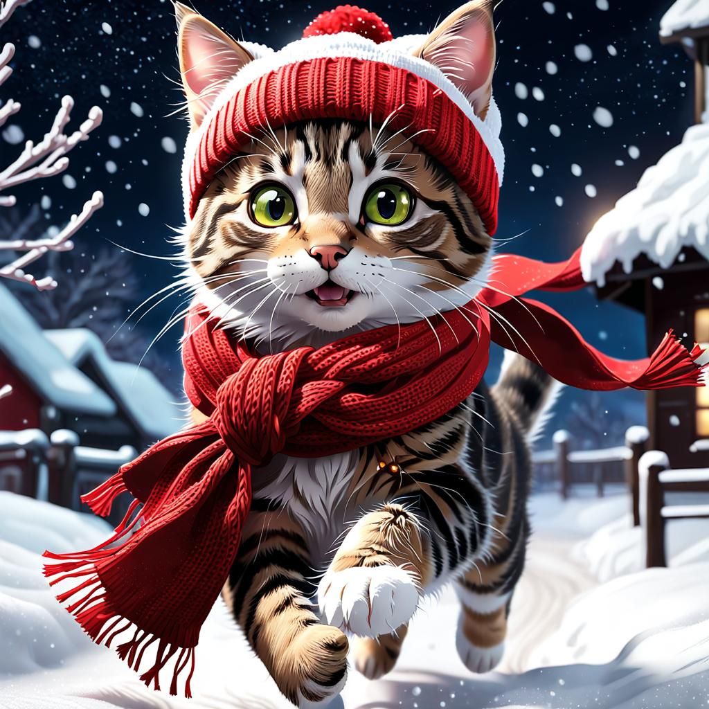 Tabby Kitten's Winter Wonderland: Detailed Anime-Style Art