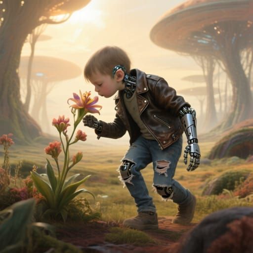 Cyborg Child Explores Alien Forest in Hyper-Realistic Style