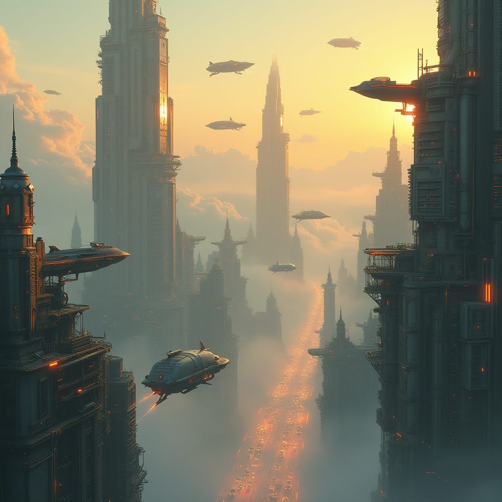 Futuristic City Awakens at Dawn with Cyberpunk Accents and G...