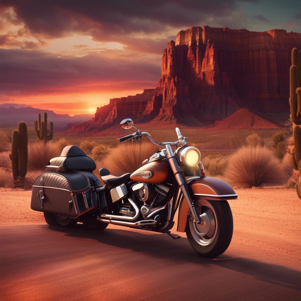 Retro Harley Davidson on Route 66 at Sunset