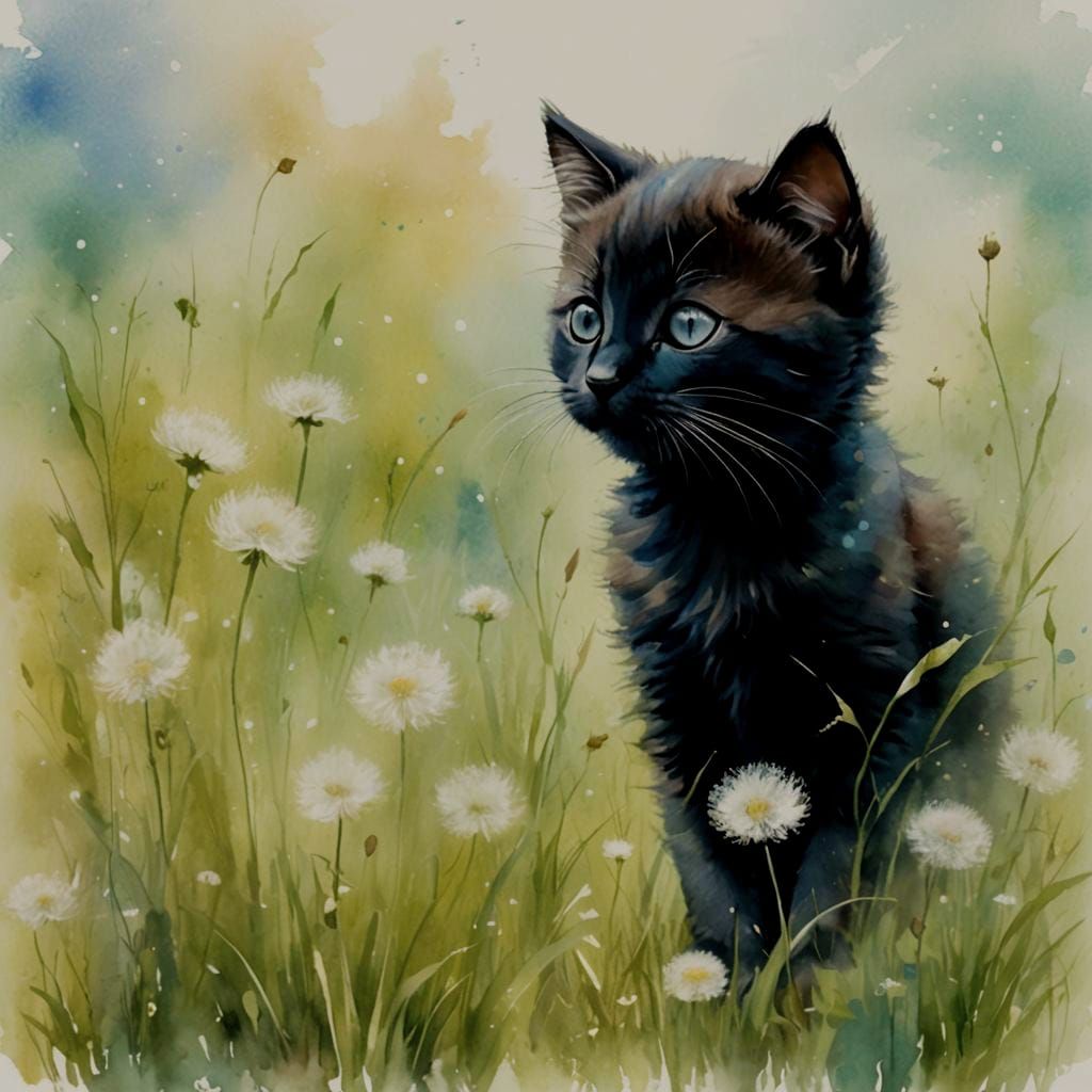 Dreamy Kitten Playing in Tall Grass Watercolor