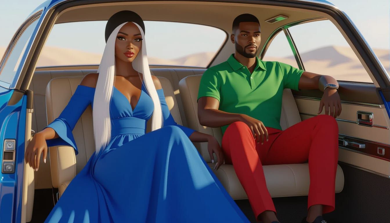African Woman in Blue Dress in Luxury Car