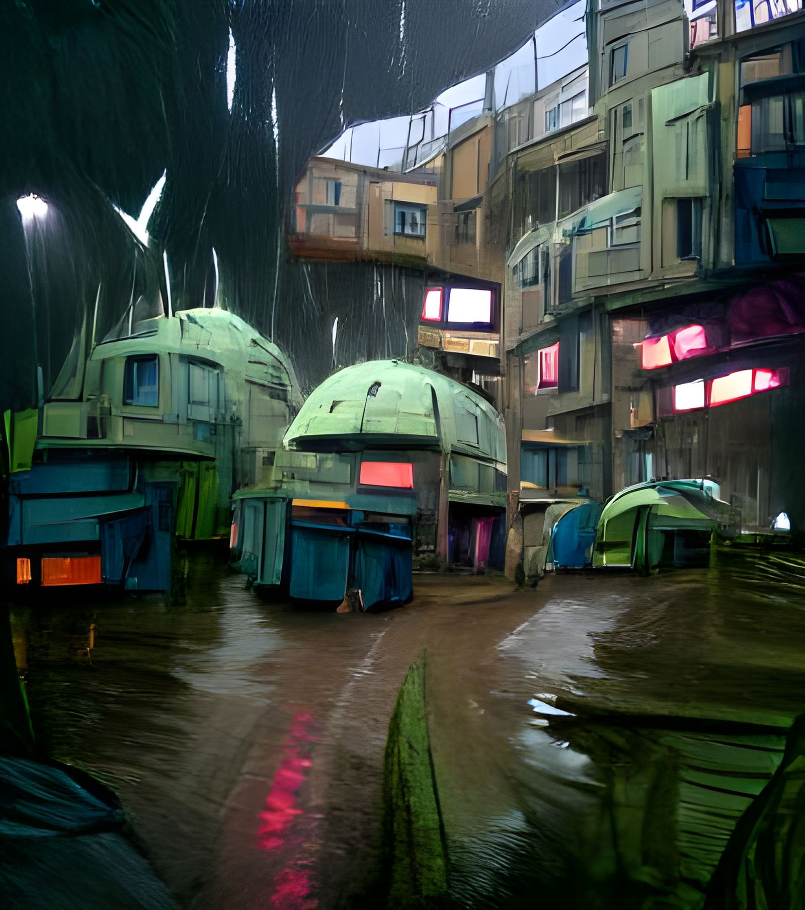Rainy Sci-Fi Slums in Cyberpunk Style