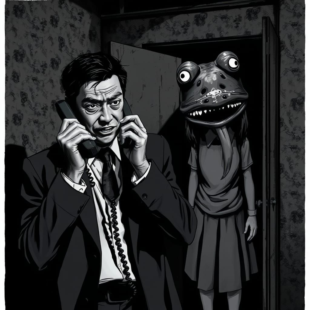 Eerie Frog Mask Girl in Japanese Horror Scene