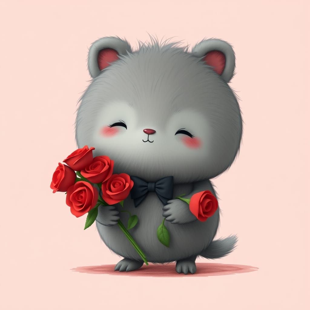 Fluffy Creature with Roses: Hand-Drawn Digital Sketch