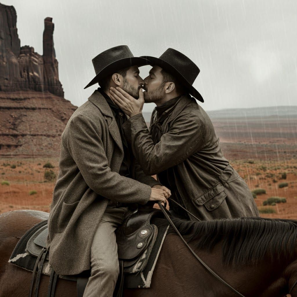 Gay Cowboy Couple Kissing in Rainy Old West Photo