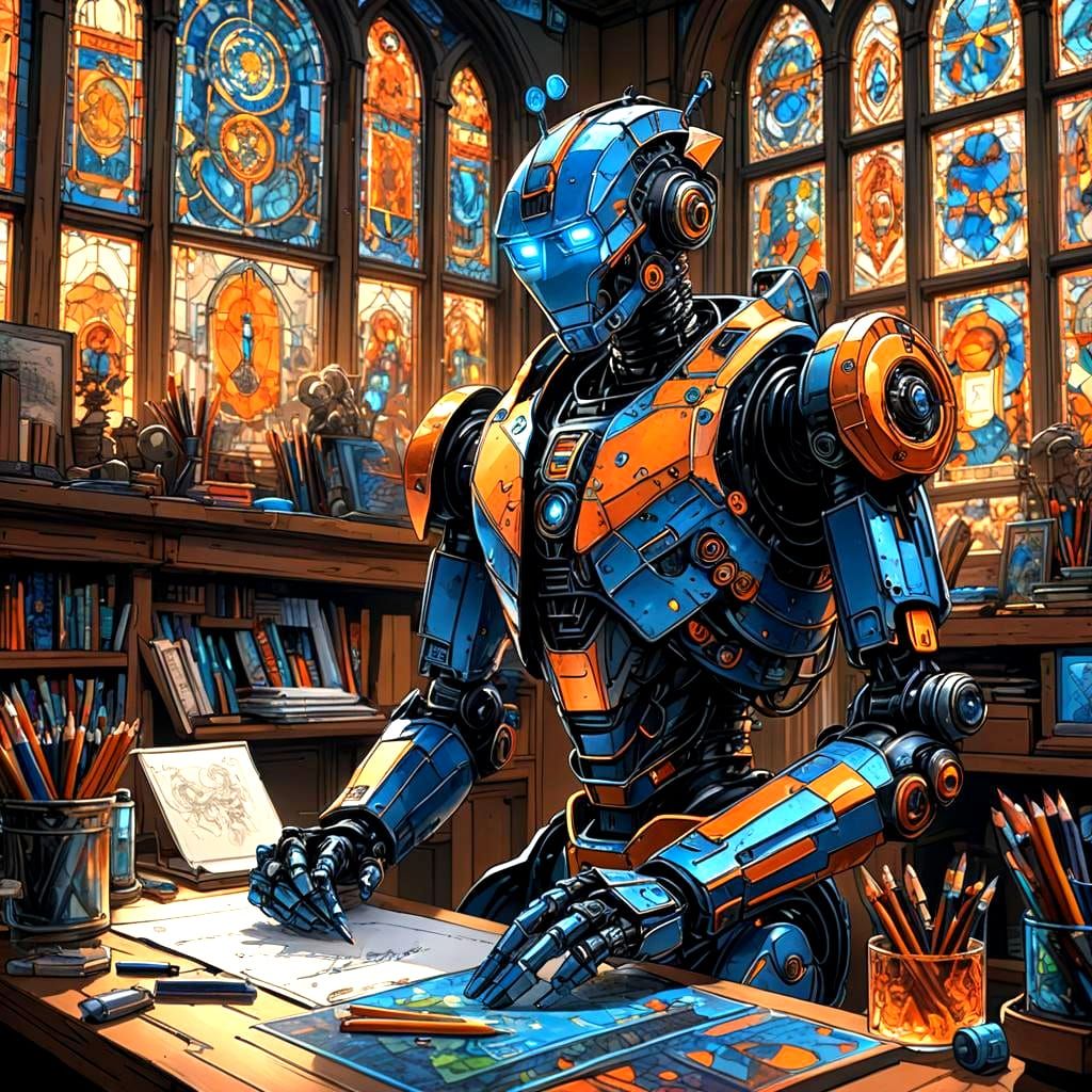 Robot Artist in Art Room: Detailed Matte Painting