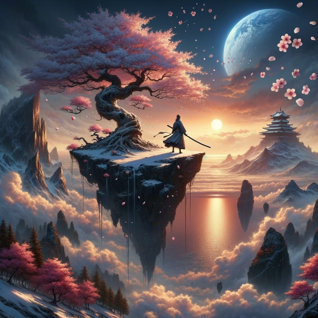 Lone Samurai Woman at Sunset on Flying Island