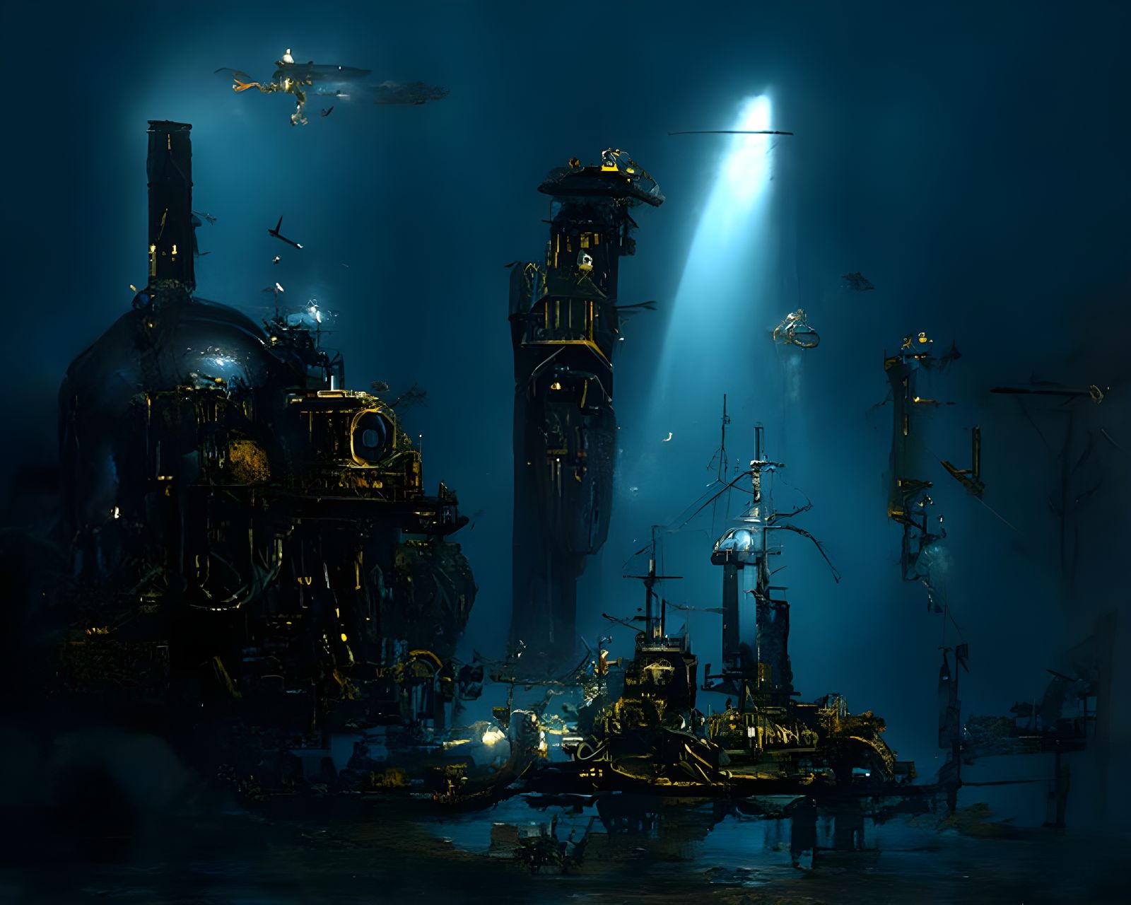 Pirate submarine docked at underwater base