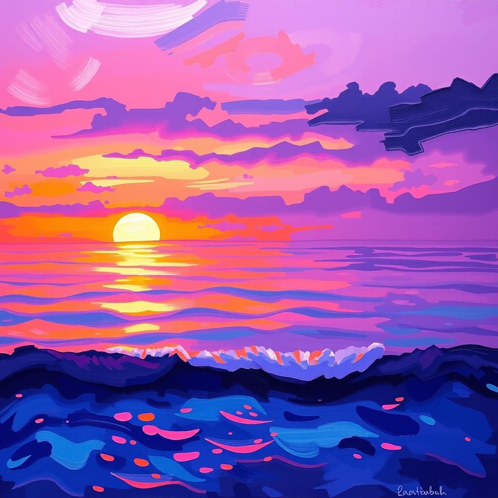 Vibrant Sunset with Purple Hues and Soft Waves