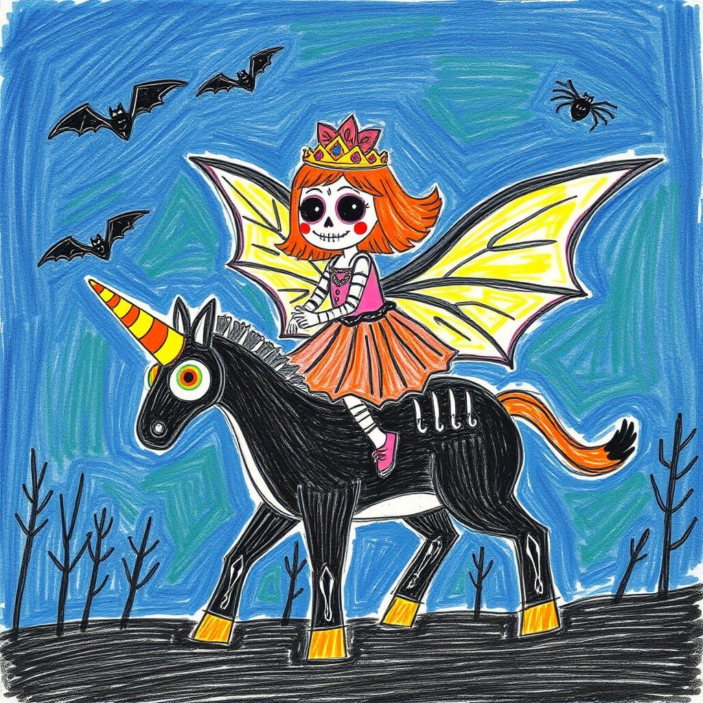 Sugar Skull Girl Riding Dragon-Unicorn in Crayon Style