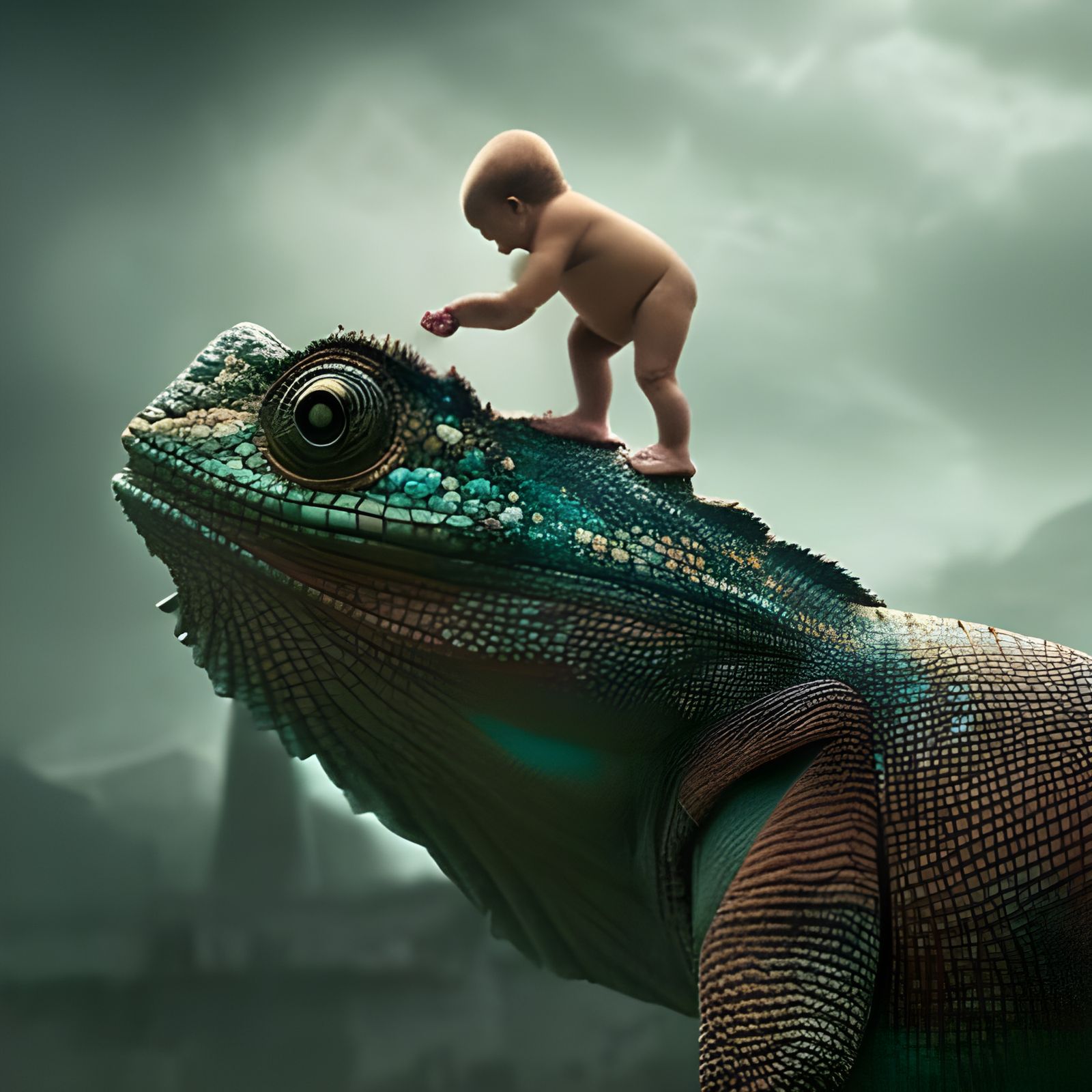 Chameleon Licks Baby Human in Digital Matte Painting