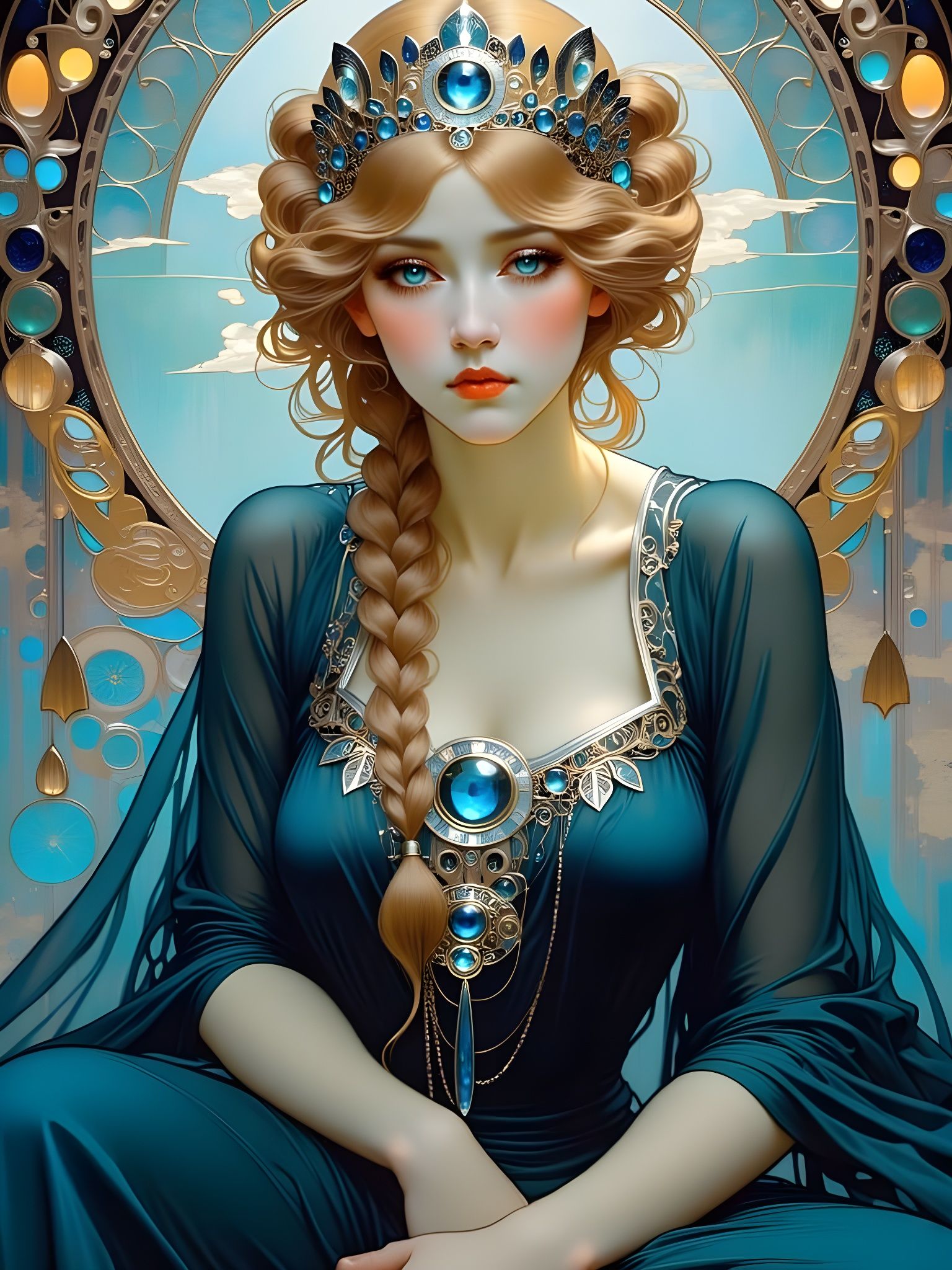 Ethereal Art Nouveau Goddess with Short Braided Blonde Hair
