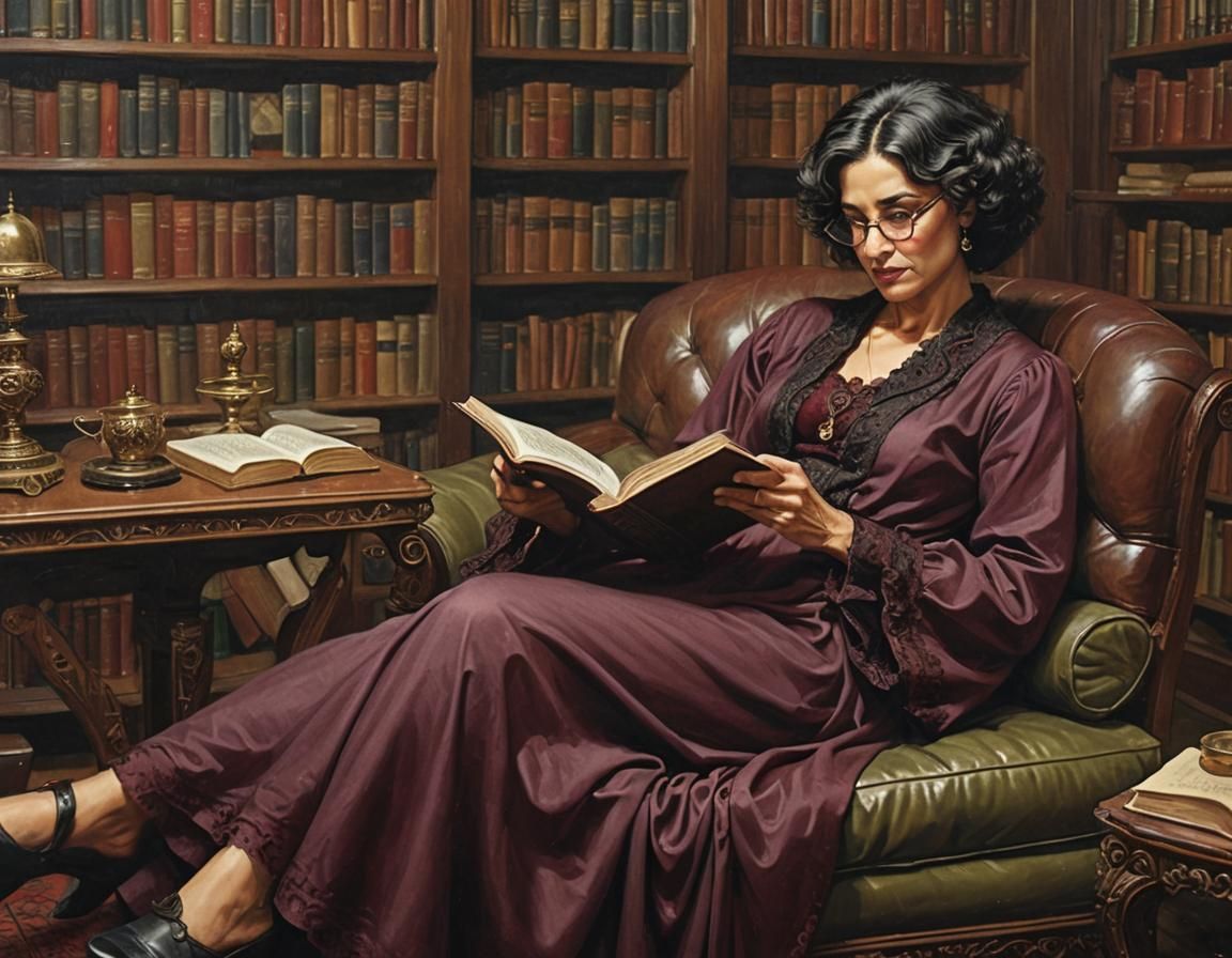 Woman Reading in Library: Detailed Matte Painting