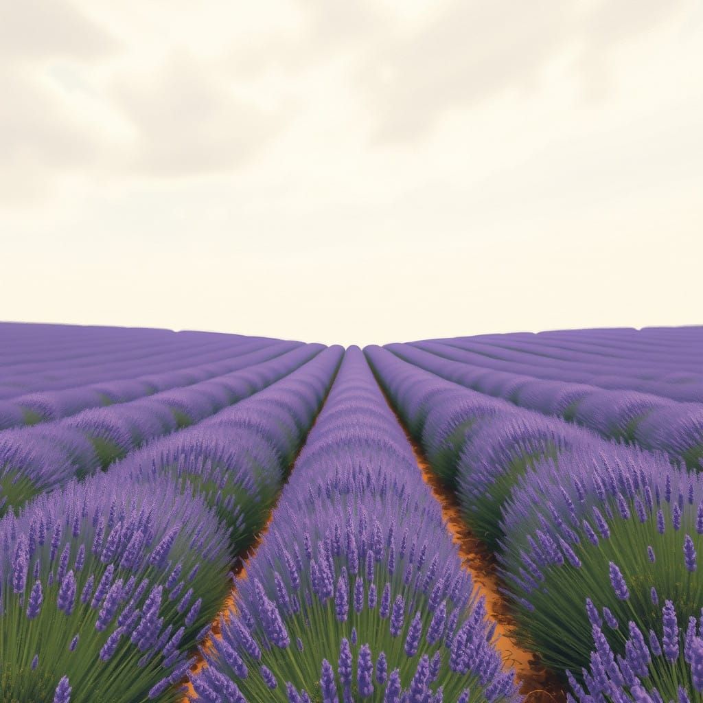 Ethereal Lavender Field Under Soft Grey Skies