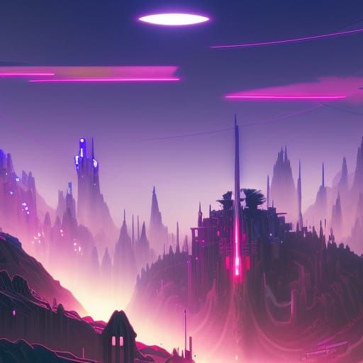 Cyberpunk Meets Fantasy Landscape with Neon Highlights