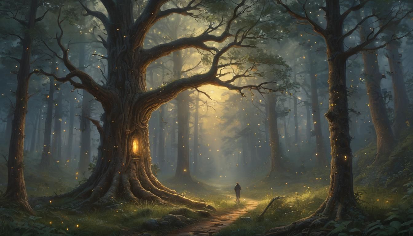 Mystical Forest Traveler at Golden Hour