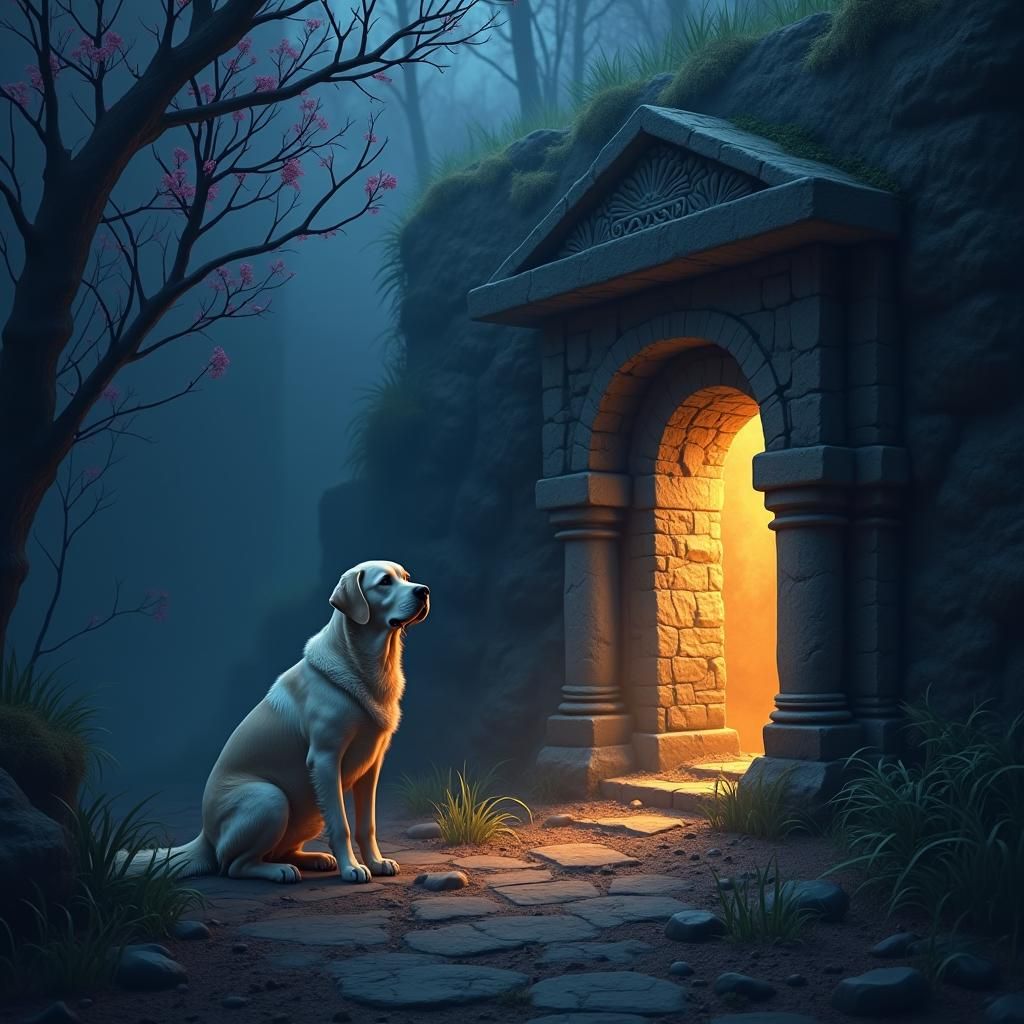 Labrador Retriever Guards Ancient Tomb in Fantasy Landscape