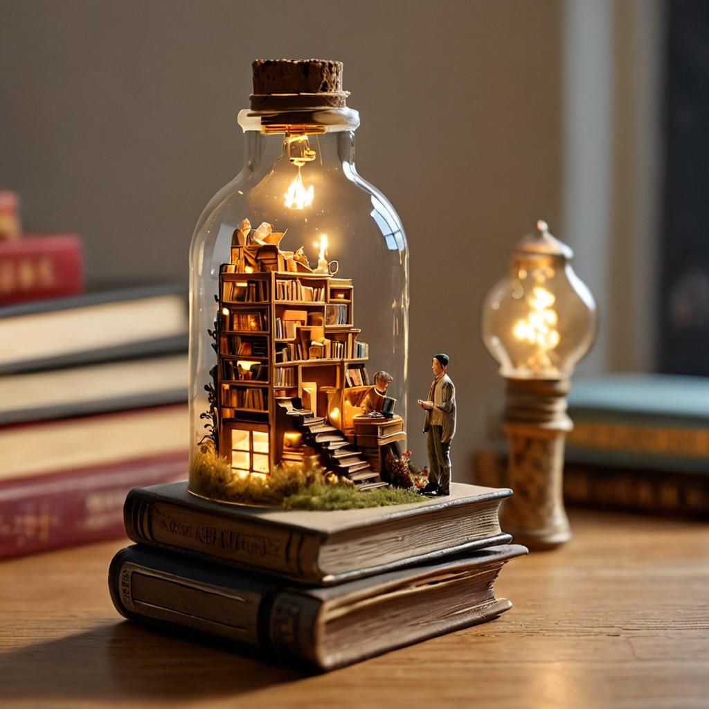 Miniature Book Reader in Glass Bottle Diorama