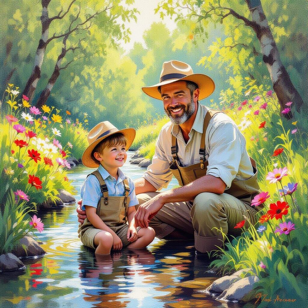 Father and Son Fishing: Impressionist Style Gouache Painting
