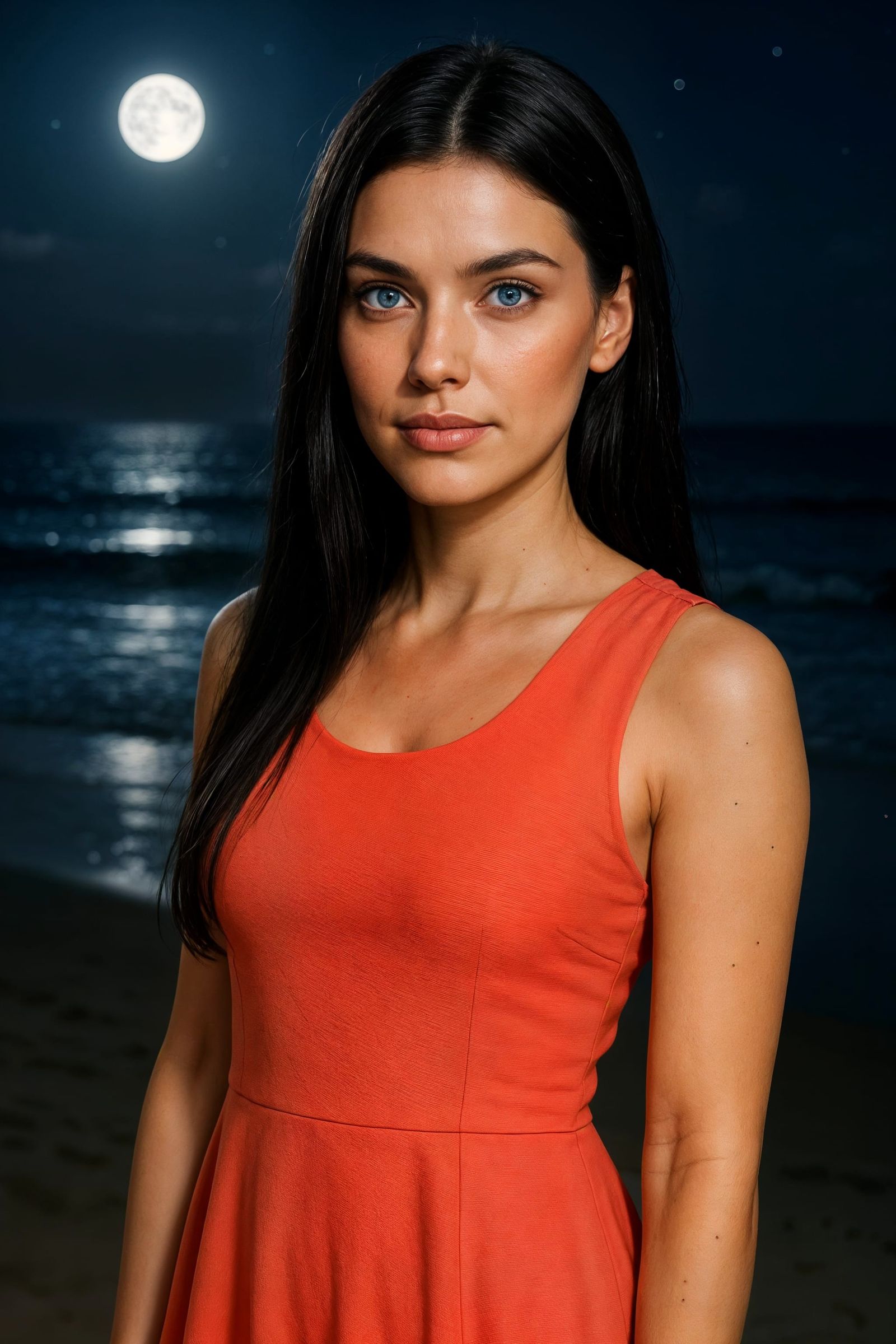 Confident Young Woman on a Moonlit Beach