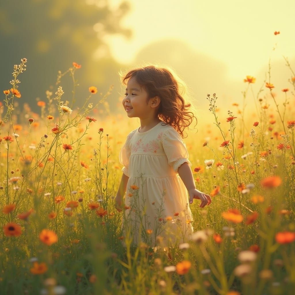 Child in Sunlit Meadow: Impressionistic Painterly Style