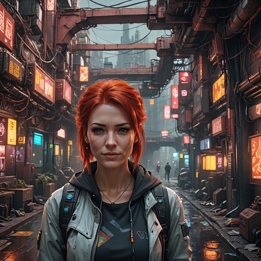 Cyberpunk Portrait: Red-Haired Woman with Sad Smile
