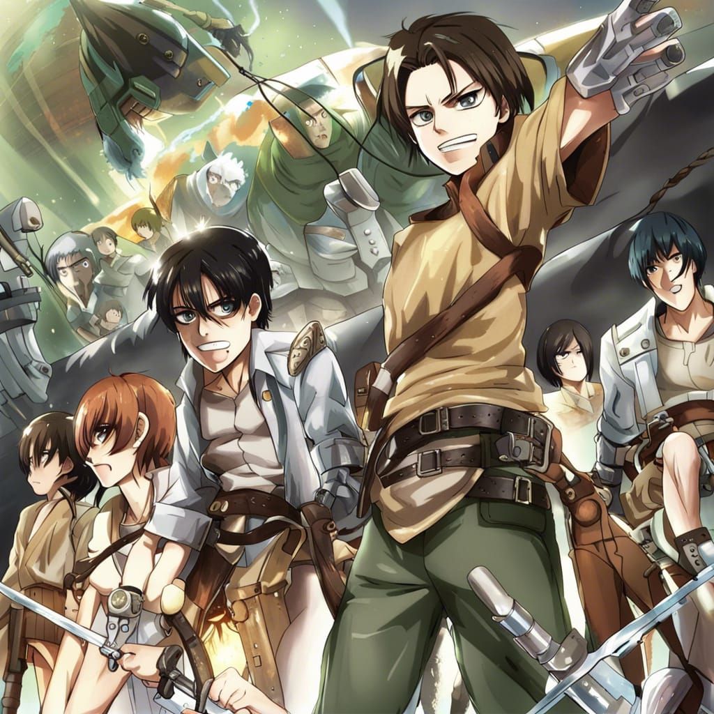 Anime Style Battle Scene with Teenagers and Giants