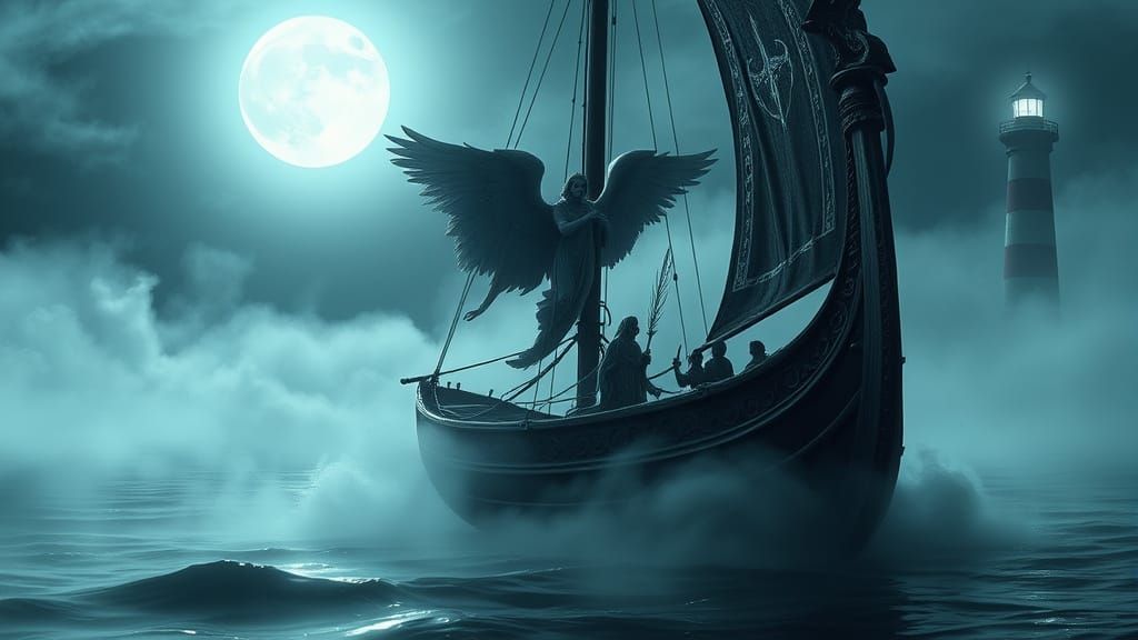 Ghostly Greek Ship on Moonlit Lake