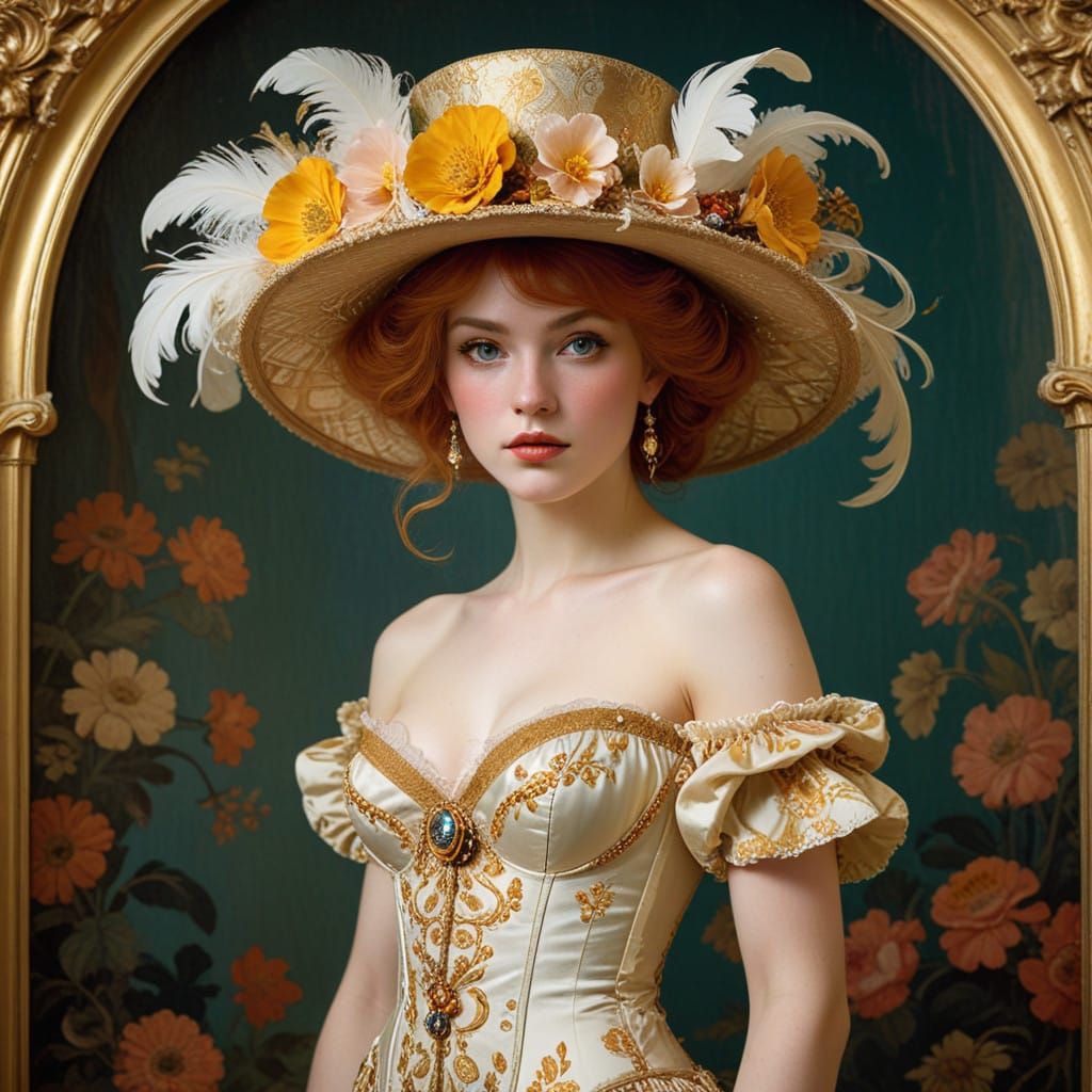 Elegant Art Nouveau Portrait of a Redhead Woman in a Floral ...