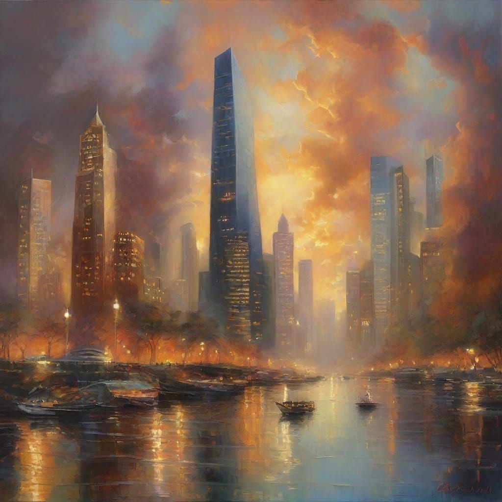 Warped Skyscrapers in Dynamic Colors as Impasto Painting