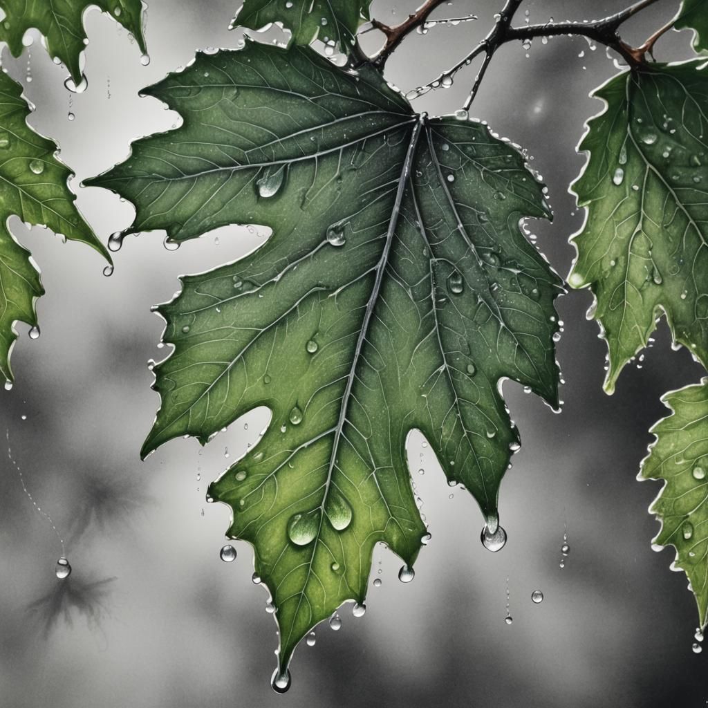 Dew Drops on Oak Leaf: Charcoal Drawing