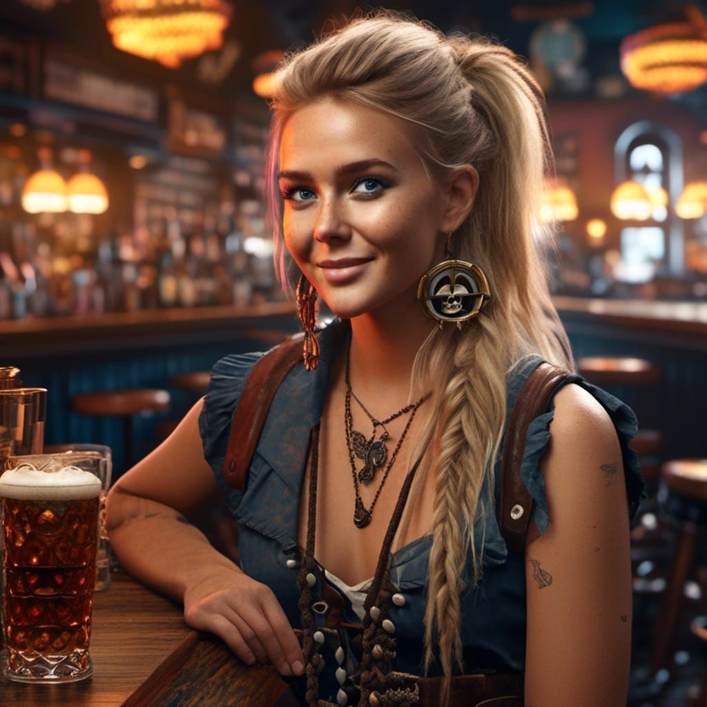 Blonde Pirate Girl Smiling in a Bar
